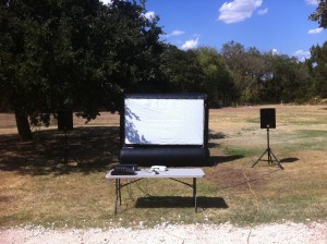 8 by 4.5 foot inflatable movie screen.